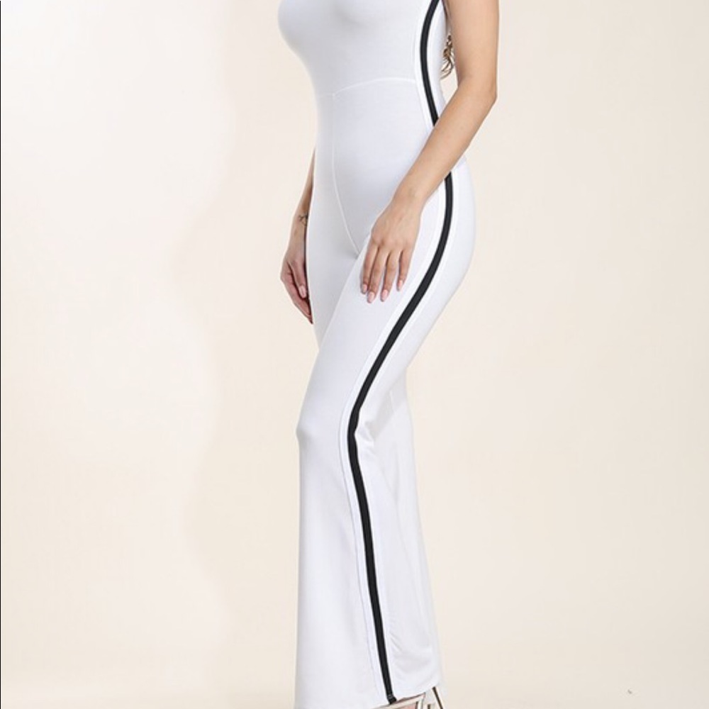 White Black Stripe Catsuit Jumper Romper Stretch - Picture 3 of 5